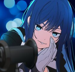 Rule 34 | 1girl, ado (utaite), asmr, binaural microphone, black coat, blue eyes, blue hair, blurry, chando (ado), cloud nine inc, coat, colored inner hair, commentary, depth of field, gloves, hashtag-only commentary, highres, long hair, long sleeves, looking at viewer, microphone, multicolored hair, parted lips, riseno, sidelocks, solo, two-tone hair, upper body, utaite, white gloves