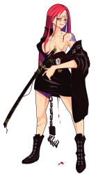 Rule 34 | 1girl, alternate costume, alternate hair color, alternate hairstyle, amputee, ankle boots, arc system works, baiken, bare shoulders, blood, boots, breast slip, breasts, chain, claw (weapon), cuts, facial tattoo, female focus, full body, guilty gear, hair down, injury, japanese clothes, katana, kimono, large breasts, long hair, mikazuki shigure, nipples, obi, off shoulder, one-eyed, one breast out, open clothes, pink eyes, red eyes, red hair, sash, scar, scar across eye, scar on face, sheath, sheathed, short kimono, solo, sweat, sword, tattoo, very long hair, weapon, wide sleeves