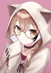 Rule 34 | 1girl, adjusting eyewear, animal hood, berry, black choker, brown eyes, brown hair, brown hoodie, choker, earrings, ears through headwear, food-themed earrings, glasses, hand on own cheek, hand on own face, hololive, hololive english, hood, hood up, hoodie, jewelry, long hair, looking at viewer, multicolored hair, nanashi mumei, nanashi mumei (casual), necklace, official alternate costume, oversized clothes, pink background, red shirt, round eyewear, runes, shirt, sleeves past wrists, streaked hair, sweater, virtual youtuber, white sweater, yaminava
