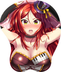Rule 34 | 1boy, breast mousepad, breasts, caffein, detached sleeves, gothic lolita, hat, highres, large breasts, lolita fashion, long hair, male focus, mini hat, mini top hat, mousepad, mousepad (medium), namine ritsu, piano print, red eyes, red hair, solo, top hat, trap, twintails, utau, vocaloid