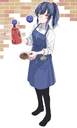 Rule 34 | 1girl, apron, black footwear, black pants, blue apron, blue hair, blush, brick, coffee, commentary request, cup, full body, grey eyes, highres, holding, holding coffee pot, holding cup, kyouno, long sleeves, looking at viewer, nijisanji, pants, ponto nei, ponytail, shirt, sidelocks, simple background, sleeves rolled up, smile, solo, standing, virtual youtuber, white background, white shirt