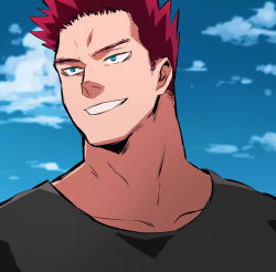 Rule 34 | 1boy, aged down, bad id, bad pixiv id, black shirt, blue eyes, boku no hero academia, close-up, endeavor (boku no hero academia), kei (ahan uhun 345), looking to the side, male focus, mature male, portrait, red hair, shirt, short hair, sideburns, smile, solo, spiked hair