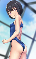 Rule 34 | 1girl, :3, ass, black hair, blue one-piece swimsuit, blurry, breasts, commentary request, competition swimsuit, depth of field, hashi, highleg, highleg swimsuit, looking at viewer, one-piece swimsuit, original, purple eyes, rei no pool, rooftop, short hair, small breasts, solo, swimsuit