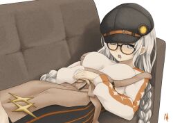 Rule 34 | 1girl, a.i. voice, black hat, blue eyes, blush, braid, breasts, breasts apart, brown skirt, cabbie hat, commentary, couch, drooling, glasses, grey hair, hands on stomach, hat, high-waist skirt, highres, kizuna akari, kizuna akari (a.i. voice), large breasts, long hair, long skirt, long sleeves, looking at viewer, low twin braids, lying, on back, on couch, one eye closed, signature, simple background, skirt, sleeping, solo, suspender skirt, suspenders, suspenders slip, sweater, twin braids, underbust, voiceroid, white background, white sweater, yukkuri bitto
