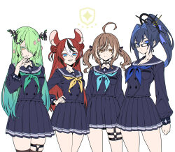 Rule 34 | 4girls, alternate costume, alternate hairstyle, animal ears, antler ribbon, antlers, black hair, blue eyes, blue hair, brown eyes, brown hair, ceres fauna, earrings, feathers, flower, glasses, green hair, hair flower, hair intakes, hair ornament, hair over one eye, hakos baelz, highres, holocouncil, hololive, hololive english, horns, jewelry, long hair, looking at viewer, mouse ears, mouse girl, multicolored hair, multiple girls, nanashi mumei, ouro kronii, ponytail, red hair, school uniform, sharp teeth, smile, streaked hair, taka t, teeth, tree horns, twintails, virtual youtuber, white hair, yellow eyes