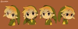 Rule 34 | 1boy, blonde hair, blue eyes, brown background, closed mouth, commentary, green headwear, green shirt, highres, link, looking at viewer, male focus, multiple persona, nintendo, parted bangs, pointy ears, shirt, simple background, smile, the legend of zelda, the legend of zelda: the wind waker, tokuura, toon link
