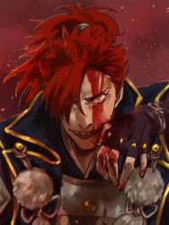 Rule 34 | 1boy, armor, blood, blood on face, embers, fate (series), hair over one eye, injury, japanese armor, japanese clothes, koha-ace, long hair, male focus, mori nagayoshi (fate), ponytail, red hair, sharp teeth, simoich, solo, teeth, wiping face