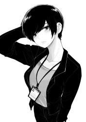 Rule 34 | 1girl, absurdres, arm behind head, blush, character name, cowboy shot, earrings, highres, id card, jacket, jewelry, lanyard, looking at viewer, monochrome, norman maggot, office lady, olive laurentia, original, pants, pixie cut, short hair, simple background, solo, standing, white background