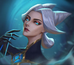 Rule 34 | 1girl, black gloves, blurry, blurry background, camille (league of legends), female focus, gem, gloves, glowing, glowing eyes, green eyes, grey hair, hair horns, hand up, league of legends, looking at viewer, parted bangs, parted lips, portrait, solo, zhuanshen you gui