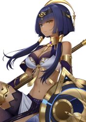 Rule 34 | 1girl, bare shoulders, blue eyes, breasts, brown hair, candace (genshin impact), cleavage, dark-skinned female, dark skin, egyptian clothes, eyebrows hidden by hair, genshin impact, hair ornament, hairband, highres, holding, holding polearm, holding shield, holding weapon, lance, large breasts, long hair, looking at viewer, meda, multicolored hair, polearm, purple hair, shield, simple background, smile, solo, twintails, weapon, white background
