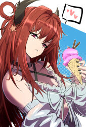 Rule 34 | 1girl, absurdres, arknights, bare shoulders, black choker, black nails, choker, commentary, criss-cross halter, detached sleeves, food, hair intakes, hair rings, halterneck, highres, holding, holding food, horns, ice cream, ice cream cone, long hair, long sleeves, nail polish, official alternate costume, purple eyes, red hair, samacho, solo, surtr (arknights), surtr (colorful wonderland) (arknights), upper body, very long hair