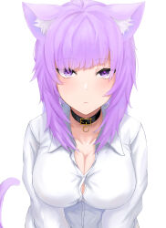 Rule 34 | 1girl, absurdres, ahoge, animal ear fluff, animal ears, black collar, blunt bangs, blush, breasts, cat ears, cat girl, cat tail, closed mouth, collar, collared shirt, commentary request, dress shirt, highres, hololive, large breasts, looking at viewer, medium hair, nekomata okayu, nekomata okayu (oversized shirt), onemuikun-b, purple eyes, purple hair, shirt, simple background, solo, tail, upper body, virtual youtuber, white background, white shirt