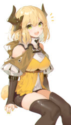 Rule 34 | 1girl, :d, akizone, warrior of light (ff14), bare shoulders, blonde hair, boots, breasts, brown footwear, brown horns, brown shorts, check copyright, copyright request, fang, feet out of frame, final fantasy, final fantasy xiv, high collar, highres, hood, hood down, horns, invisible chair, large breasts, looking at viewer, nail polish, notice lines, open mouth, puffy short sleeves, puffy sleeves, shirt, short hair, short sleeves, shorts, simple background, sitting, smile, solo, tail, teeth, thigh boots, thighhighs, upper teeth only, white background, yellow nails, yellow shirt