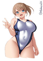 Rule 34 | 1girl, :d, blue eyes, blush, breasts, brown hair, collarbone, competition swimsuit, cropped legs, ebifurya, groin, highleg, highleg swimsuit, highres, intrepid (kancolle), kantai collection, large breasts, long hair, one-hour drawing challenge, one-piece swimsuit, open mouth, ponytail, short hair, simple background, smile, solo, swimsuit, twitter username, white background, white one-piece swimsuit