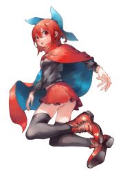 Rule 34 | 1girl, ass, black shirt, black thighhighs, blue bow, bow, cloak, commentary request, full body, hair bow, kukkuru, long sleeves, looking at viewer, open mouth, red footwear, red hair, red skirt, sekibanki, shirt, short hair, simple background, skirt, solo, thighhighs, touhou, white background