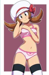 Rule 34 | blush, bow, bow panties, breasts, brown eyes, brown hair, creatures (company), crotch seam, euf-dreamer, full body, game freak, head tilt, highres, lyra (pokemon), medium hair, nintendo, panties, pink panties, pokemon, pokemon hgss, purple background, short twintails, small breasts, smile, sports bra, striped clothes, striped panties, striped sports bra, thighhighs, twintails, underwear, underwear only, white headwear
