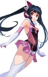 Rule 34 | 1girl, black hair, breasts, covered navel, elbow gloves, floating hair, gloves, hair intakes, headphones, headset, highres, leotard, long hair, miniskirt, nyanmaru, open mouth, pink skirt, pleated skirt, red eyes, senki zesshou symphogear, sideboob, simple background, skirt, small breasts, solo, thighhighs, tsukuyomi shirabe, twintails, very long hair, white background, white thighhighs
