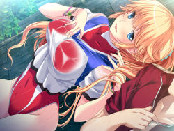 Rule 34 | 1girl, anna belmonte, blonde hair, blue eyes, blush, breasts, dutch angle, game cg, jacket, large breasts, legs, leotard, long hair, looking at viewer, marushin (denwa0214), mole, ponytail, rain, smile, solo focus, standing, supokon! sports wear complex, thighs, track jacket, water, wet, wet clothes