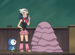 Rule 34 | 1girl, animated, animated gif, beanie, blue eyes, blue hair, boots, creatures (company), dawn (pokemon), game freak, gen 1 pokemon, gen 4 pokemon, grimer, hand on own hip, hat, indoors, lowres, matching hair/eyes, miniskirt, nintendo, piplup, pokemon, pokemon (anime), pokemon (creature), scarf, screencap, skirt