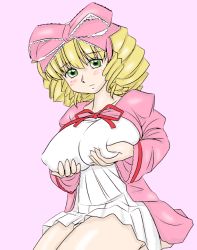 Rule 34 | 00s, 1girl, blonde hair, blush, bow, breast lift, breasts, grabbing, grabbing another&#039;s breast, green eyes, hinaichigo, huge breasts, pink background, pink bow, ribbon, rozen maiden, simple background, solo