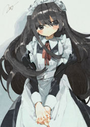 Rule 34 | 1girl, apron, black dress, black eyes, black hair, blush, closed mouth, commentary request, dress, grey background, highres, juliet sleeves, long hair, long sleeves, looking at viewer, maid, maid apron, maid headdress, original, own hands clasped, own hands together, potg (piotegu), puffy sleeves, shadow, simple background, solo, white apron