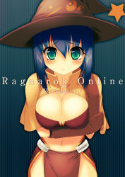 Rule 34 | 1girl, blue hair, breasts, character name, cleavage, copyright name, green eyes, hat, kinoshita ichi, large breasts, mage (ragnarok online), navel, pelvic curtain, ragnarok online, short hair, solo, witch hat