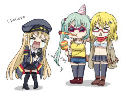 Rule 34 | &gt; &lt;, 3girls, arm around shoulder, as val (girls&#039; frontline), bikini, black legwear, blonde hair, bow, breasts, camisole, chibi, commentary, crying, english text, girls&#039; frontline, hair bow, hair ornament, hairclip, hat, instrument, karaoke, korean commentary, large breasts, long hair, lyrics, maracas, micro uzi (dorky sleepyhead) (girls&#039; frontline), micro uzi (girls&#039; frontline), microphone, multiple girls, music, navel, official alternate costume, open mouth, party hat, party horn, short hair, sidarim, simple background, singing, skirt, standing, star-shaped eyewear, star (symbol), stg44 (girls&#039; frontline), striped bikini, striped clothes, swimsuit, t t, triangle mouth, white background, yellow camisole