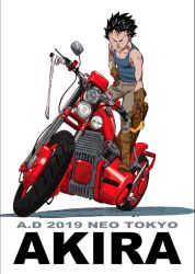 Rule 34 | 1boy, akira (manga), bare shoulders, black hair, boots, brown footwear, brown gloves, commentary request, full body, gloves, looking at viewer, male focus, motor vehicle, motorcycle, pants, shima tetsuo, smile, solo, sushio, tank top, vehicle request, white background