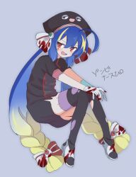Rule 34 | 1girl, 7takada, ahoge, alternate costume, alternate eye color, black dress, black thighhighs, blonde hair, blood, blood on clothes, blood on gloves, blue hair, bow, buttons, colored skin, commentary request, double-breasted, dress, eel hat, eyeball hair ornament, full body, gloves, gradient hair, grey background, hair bow, hands on own knees, hat, knees up, looking at viewer, multicolored hair, multicolored skin, multiple hair bows, nurse, nurse cap, open mouth, otomachi una, otomachi una (spicy), outstretched arms, patchwork skin, plantar flexion, red eyes, short dress, short sleeves, simple background, smirk, solo, stitches, streaked hair, teardrop facial mark, thighhighs, torn clothes, torn thighhighs, translation request, vocaloid, white gloves
