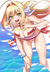 Rule 34 | 1girl, :d, absurdres, ahoge, arm support, bare shoulders, bow, breasts, cleavage, collarbone, fate/grand order, fate (series), gluteal fold, hair bow, hair intakes, halterneck, highres, kujuu shikuro, large breasts, leaning forward, navel, nero claudius (fate), nero claudius (fate) (all), nero claudius (swimsuit caster) (fate), nero claudius (swimsuit caster) (third ascension) (fate), open mouth, smile, solo, swimsuit, white bow