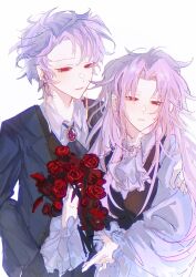 Rule 34 | 2boys, alternate costume, ascot, black ascot, black jacket, black vest, bouquet, brooch, chinese commentary, collared shirt, commentary request, earrings, flower, hand on another&#039;s arm, hatsutori hajime, highres, holding, holding bouquet, jacket, jewelry, liningne, long hair, male focus, multiple boys, open clothes, open jacket, parted bangs, pink hair, purple hair, red brooch, red eyes, red flower, red rose, rose, saibou shinkyoku, shirt, short hair, simple background, theodore riddle, vest, white ascot, white background, white shirt