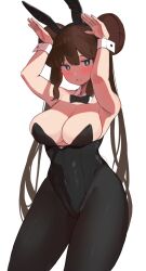 Rule 34 | 1girl, acow, animal ears, aqua eyes, arms up, bare arms, bare shoulders, black bow, black bowtie, black hairband, black leotard, black pantyhose, blush, bow, bowtie, breasts, bright pupils, brown hair, cleavage, collar, covered navel, cowboy shot, creatures (company), detached collar, double bun, embarrassed, fake animal ears, fake tail, game freak, hair between eyes, hair bun, hairband, large breasts, leotard, long hair, looking at viewer, nintendo, open mouth, pantyhose, playboy bunny, pokemon, pokemon bw2, rabbit ears, rabbit pose, rabbit tail, rosa (pokemon), sidelocks, simple background, solo, straight hair, sweat, tail, twintails, very long hair, white background, white collar, white pupils, white wrist cuffs, wrist cuffs