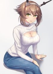 Rule 34 | 1girl, alternate costume, blue pants, breasts, brown hair, cleavage, cleavage cutout, clothing cutout, denim, flipped hair, green eyes, hairband, headgear, highres, jeans, kantai collection, large breasts, long sleeves, meme attire, monoku, mutsu (kancolle), open-chest sweater, pants, radio antenna, ribbed sweater, short hair, solo, sweater, turtleneck, white sweater