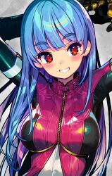 Rule 34 | 1girl, arms behind head, blue hair, bodysuit, breasts, grin, kula diamond, large breasts, long hair, onono imoko, red eyes, smile, snk, solo, the king of fighters