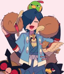 Rule 34 | 1boy, :d, bird, black wristband, blue hair, blue jacket, blue kimono, closed eyes, commentary request, creatures (company), doduo, facing viewer, falkner (pokemon), game freak, gen 1 pokemon, gen 2 pokemon, hair over one eye, hands up, haori, highres, hoothoot, jacket, japanese clothes, kimono, male focus, murkrow, natu, nintendo, open clothes, open jacket, open mouth, pidgey, pokemon, pokemon (creature), pokemon hgss, sash, short hair, short sleeves, smile, spearow, tyako 089, wristband