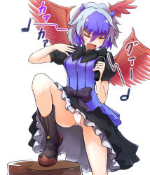 Rule 34 | 1girl, black bow, black dress, black footwear, blouse, blue hair, blue shirt, blush, boots, bow, breasts, closed eyes, commentary request, dress, eighth note, feathered wings, feet out of frame, fingernails, hair between eyes, hands up, head wings, highres, holding, holding microphone, horns, knee up, medium breasts, microphone, multicolored hair, musical note, nail polish, open mouth, panties, pantyshot, petticoat, puffy short sleeves, puffy sleeves, purple nails, red wings, sharp fingernails, shirt, short hair, short sleeves, silver hair, simple background, solo, striped, tada no nasu, thighs, tokiko (touhou), touhou, translation request, tree stump, two-tone hair, underwear, v-shaped eyebrows, vertical stripes, white background, white panties, wings