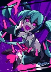 Rule 34 | 1girl, absurdres, arrow through heart, bare shoulders, black skirt, black sleeves, blood, blood on clothes, blood on face, blue hair, blue necktie, blue trim, detached sleeves, grey shirt, hatsune miku, headband, heart, heart in mouth, highres, kenshiro nyuusu, long hair, miniskirt, necktie, pink blood, pink eyes, pleated skirt, saliva, shirt, skirt, solo, sound effects, twintails, vocaloid, wide sleeves, yandere