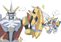 Rule 34 | 2boys, angry, blue eyes, cape, crests (digimon), digimon, digimon (creature), fusion, highres, horns, level-00, multiple boys, no humans, omegamon, omekamon, royal knights, size difference, toy, yellow eyes