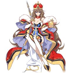 Rule 34 | 1girl, blue eyes, boots, breasts, brown hair, cape, charlemagne (honkai impact), cleavage, crown, full body, fur-trimmed cape, fur trim, hair ornament, holding, holding sword, holding weapon, honkai (series), honkai impact 3rd, large breasts, long hair, official art, solo, sword, thigh boots, third-party source, transparent background, weapon