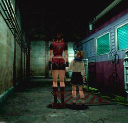 Rule 34 | 2girls, 3d, animated, back, bike shorts, blonde hair, boots, brown hair, child, claire redfield, game console, gloves, holding hands, lowres, multiple girls, polygon jitter, ponytail, resident evil, resident evil 2, school uniform, serafuku, sherry birkin, shorts, socks, standing