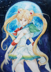 Rule 34 | 1990s (style), 1girl, bishoujo senshi sailor moon, bishoujo senshi sailor moon supers, blonde hair, blue sailor collar, bow, double bun, elbow gloves, full moon, gloves, hyun, long hair, moon, multicolored clothes, multicolored skirt, painting (medium), red bow, retro artstyle, sailor collar, sailor moon, scan, skirt, solo, super sailor moon, traditional media, tsukino usagi, twintails, watercolor (medium), white gloves