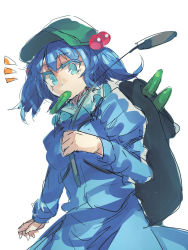 Rule 34 | 1girl, backpack, bag, blue eyes, blue hair, cattail, cucumber, hair bobbles, hair ornament, hat, highres, juliet sleeves, kawashiro nitori, long sleeves, looking at viewer, matching hair/eyes, melon22, mouth hold, plant, puffy sleeves, shirt, simple background, sketch, skirt, skirt set, solo, surprised, touhou, twintails, two side up, white background