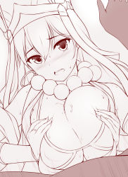 Rule 34 | 1boy, 1girl, bead necklace, beads, bikini, blush, breasts squeezed together, breasts, cleavage, deep skin, earrings, fate/grand order, fate (series), hat, hetero, hoop earrings, jewelry, large breasts, looking at viewer, monochrome, necklace, open mouth, paizuri, penis, pov, prayer beads, ring, solo focus, sweat, swimsuit, uni8, xuangzang sanzang (fate)