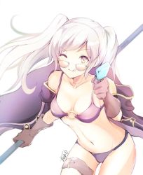 Rule 34 | 1girl, atoatto, bikini, eating, fire emblem, fire emblem awakening, fire emblem heroes, food, gloves, licking lips, looking at viewer, nintendo, one eye closed, popsicle, robin (female) (fire emblem), robin (fire emblem), signature, simple background, smile, solo, swimsuit, tongue, tongue out, twintails, white background, white hair