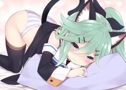 Rule 34 | 10s, 1girl, all fours, animal ears, ass, black thighhighs, blue eyes, blush, cat ears, cat tail, detached sleeves, green hair, hair between eyes, hair ornament, hair ribbon, hairclip, hugging object, kantai collection, long hair, panties, pillow, pillow hug, ribbon, sailor collar, solo, striped clothes, striped panties, tail, thighhighs, top-down bottom-up, underwear, watanon (gakushokutei), yamakaze (kancolle)