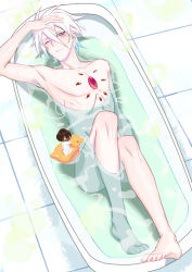 Rule 34 | 2boys, 676643396dolce, absurdres, arjuna (fate), bath, bathing, bathtub, bishounen, blue eyes, chest jewel, chibi, fate/apocrypha, fate/grand order, fate (series), from above, highres, karna (fate), looking at viewer, male focus, multiple boys, nude, pale skin, rubber duck, solo focus, wet, white hair, wince