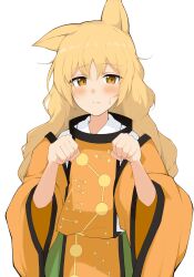 Rule 34 | 1girl, animal ears, blonde hair, closed mouth, commentary request, cowboy shot, detached sleeves, dot nose, green skirt, hair between eyes, hands up, highres, iyo mamoru, light blush, light frown, long hair, looking at viewer, looking to the side, matara okina, orange sleeves, orange tabard, paw pose, print tabard, skirt, solo, split mouth, sweat, tabard, touhou, unaligned ears, white background, white undershirt, wide sleeves, yellow eyes