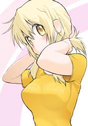 Rule 34 | 1girl, blonde hair, blush, bm epsg3395, brown eyes, hidamari sketch, highres, long hair, miyako (hidamari sketch), shirt, solo, yellow shirt