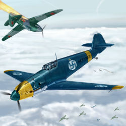 Rule 34 | aircraft, airplane, battle, bf 109, bomber, cloud, day, finnish air force, finnish text, flying, highres, kcme, mig-3, military, military vehicle, no humans, original, russian text, sky, smoke, soviet, swastika, vehicle focus, world war ii