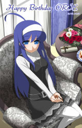 Rule 34 | 1girl, acorn, ahoge, armchair, belt, black dress, blue eyes, blue hair, blush, breasts, casual, chair, dress, hairband, happy birthday, highres, huge ahoge, knees together feet apart, lace, long hair, looking at viewer, matching hair/eyes, medium breasts, official art, orie ballardiae harada, pantyhose, signature, sitting, solo, striped, sweater, under night in-birth, v arms, vertical stripes, white pantyhose, yoshihara seiichi